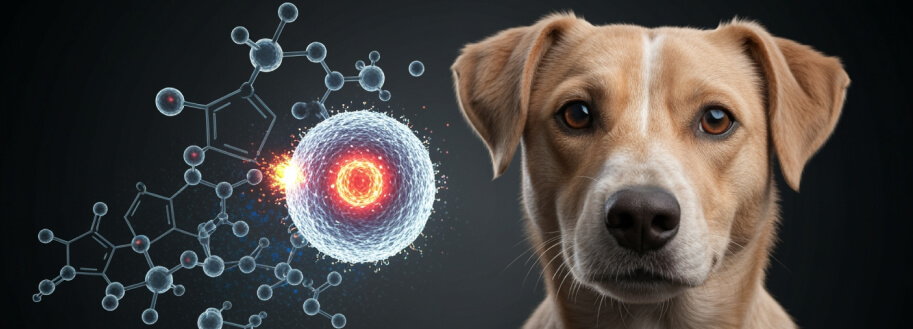 химические элементы атакуют клетку рака на фоне собаки